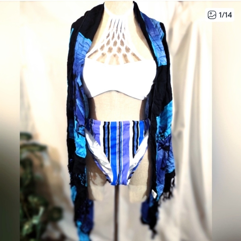 Swimsuit+Sarang blue dolphin, white top+ stripe blue white bottom, 2 Pc suit, 10